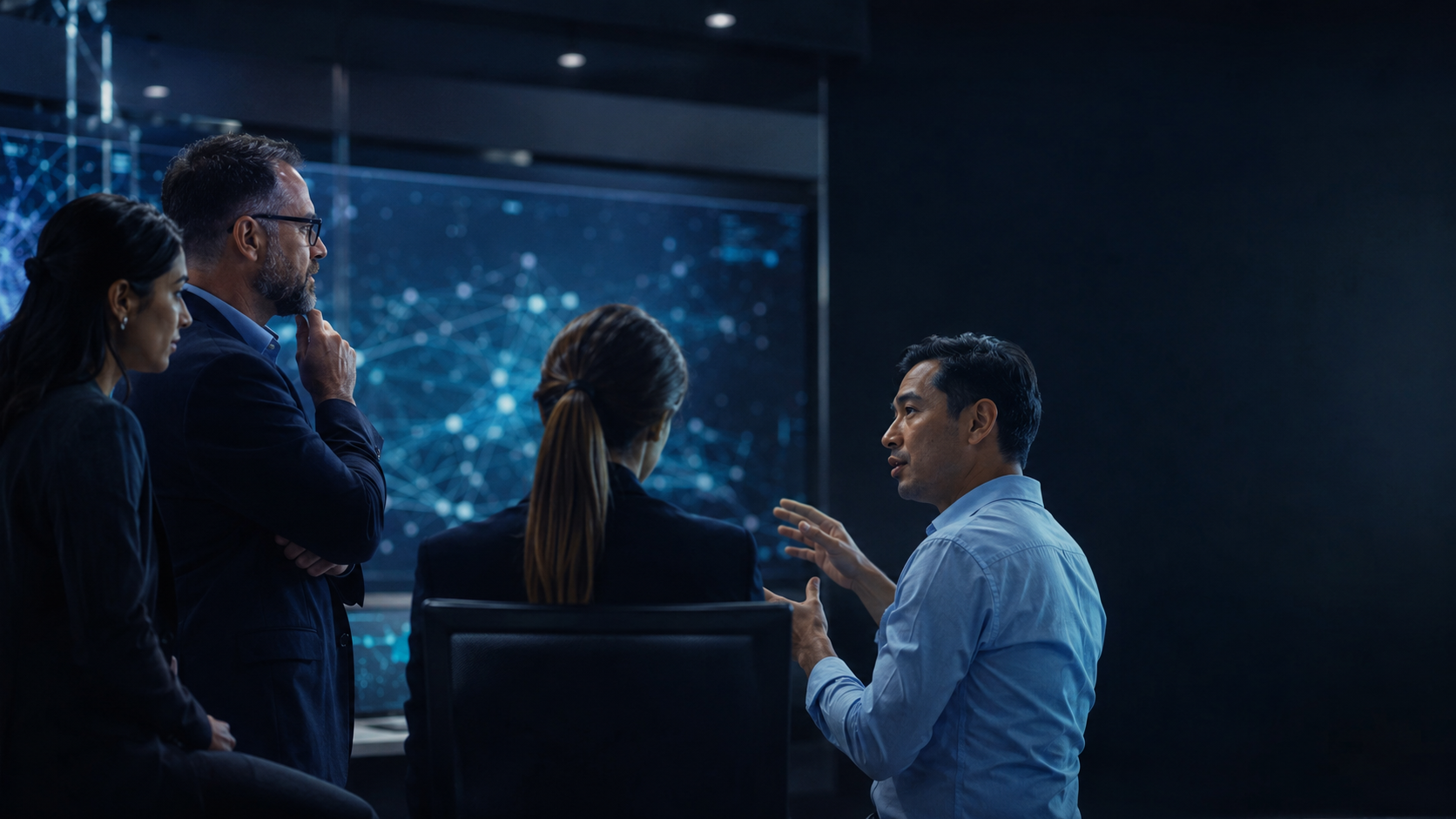 Operations professionals reviewing a complex connected environment